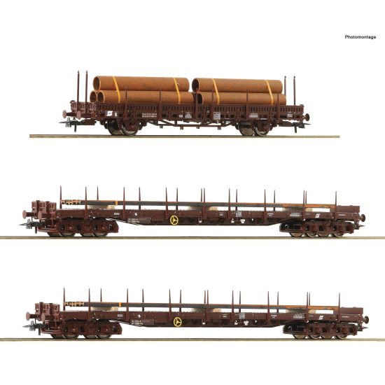 Zestaw składający się z trzech wagonów kłonicowych ÖBB z ładunkiem stali ROCO 76053